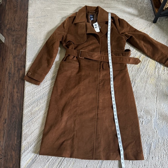 Gap long brown faux suede trench coat belted jacket large new - Picture 9 of 10